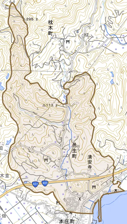 邑生町とその周辺の地図。町の範囲を重ねている