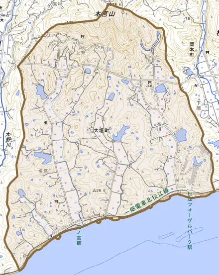 大垣町とその周辺の地図。町の範囲を重ねている
