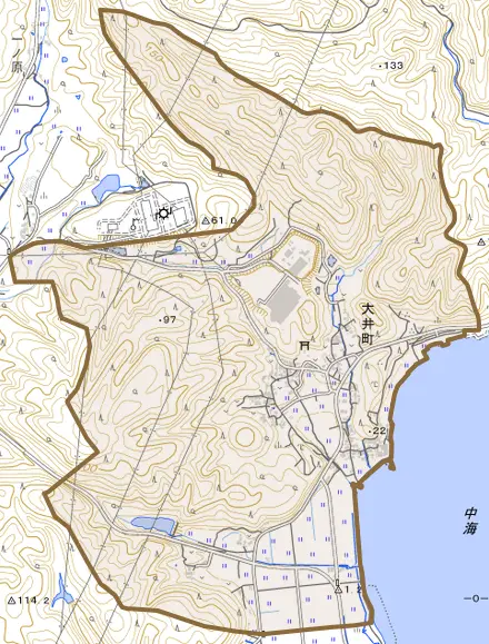 大井町とその周辺の地図。町の範囲を重ねている