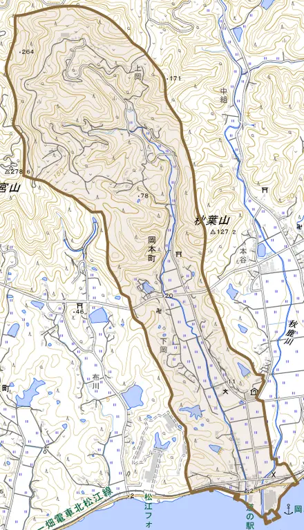 岡本町とその周辺の地図。町の範囲を重ねている