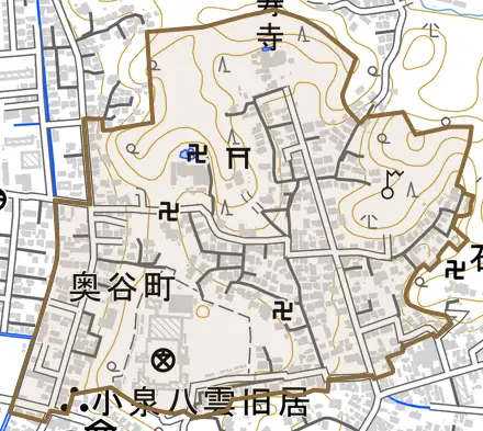 奥谷町とその周辺の地図。町の範囲を重ねている