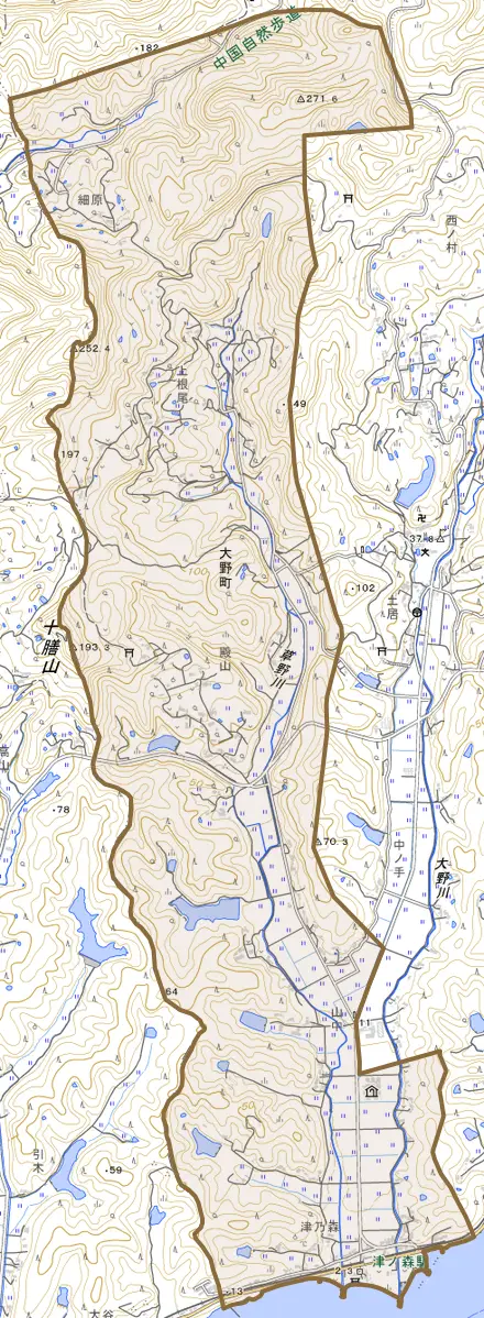 大野町とその周辺の地図。町の範囲を重ねている