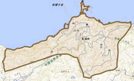 魚瀬町とその周辺の地図。町の範囲を重ねている