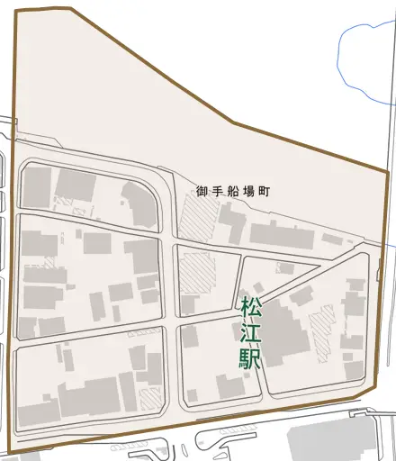 御手船場町とその周辺の地図。町の範囲を重ねている