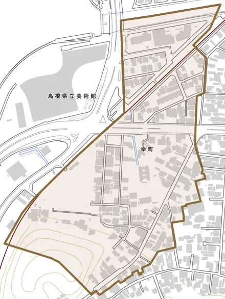 幸町とその周辺の地図。町の範囲を重ねている