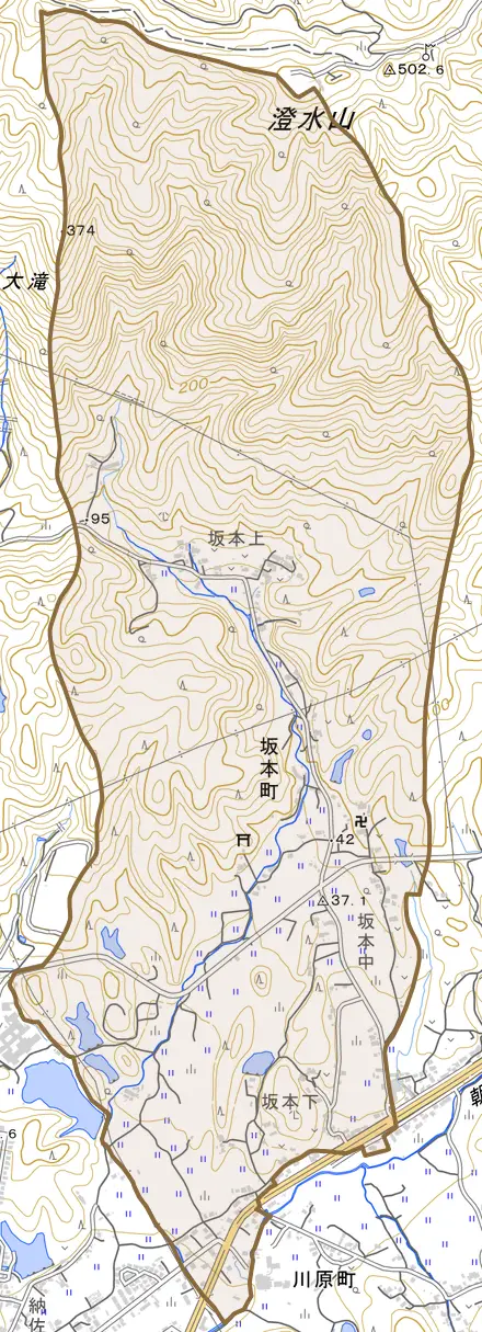 坂本町とその周辺の地図。町の範囲を重ねている
