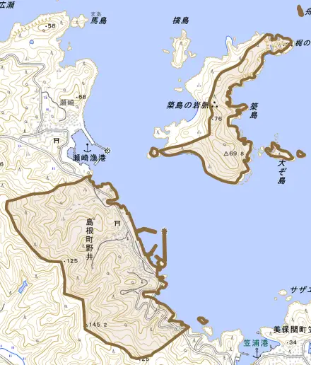 島根町野井とその周辺の地図。町の範囲を重ねている
