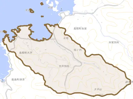 島根町大芦とその周辺の地図。町の範囲を重ねている