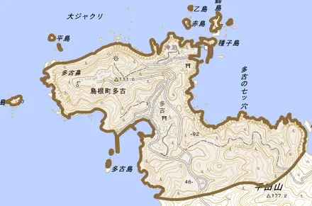 島根町多古とその周辺の地図。町の範囲を重ねている