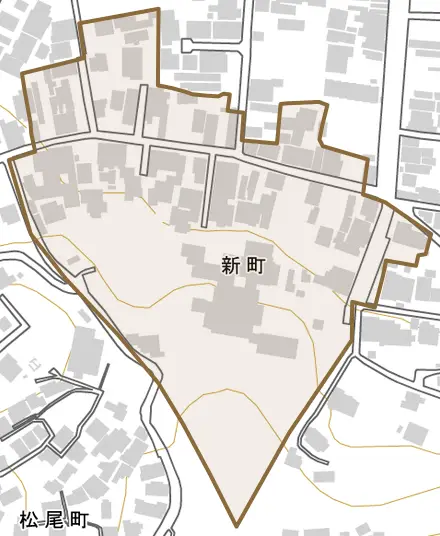 新町とその周辺の地図。町の範囲を重ねている