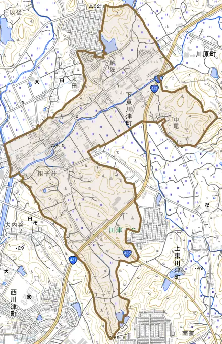 下東川津町とその周辺の地図。町の範囲を重ねている