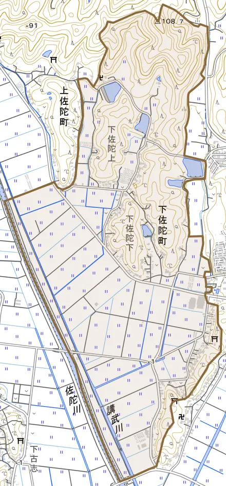 下佐陀町とその周辺の地図。町の範囲を重ねている