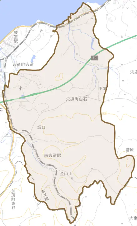 宍道町白石とその周辺の地図。町の範囲を重ねている