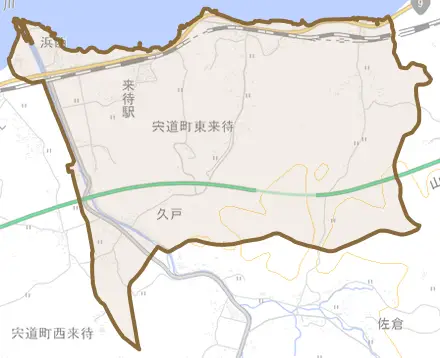宍道町東来待とその周辺の地図。町の範囲を重ねている