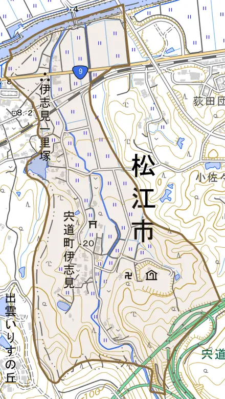宍道町伊志見とその周辺の地図。町の範囲を重ねている