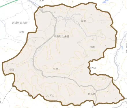 宍道町上来待とその周辺の地図。町の範囲を重ねている