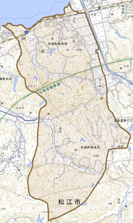 宍道町西来待とその周辺の地図。町の範囲を重ねている