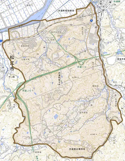 宍道町佐々布とその周辺の地図。町の範囲を重ねている