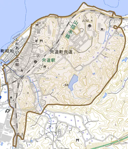 宍道町宍道とその周辺の地図。町の範囲を重ねている