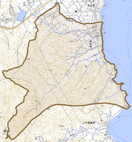 新庄町とその周辺の地図。町の範囲を重ねている