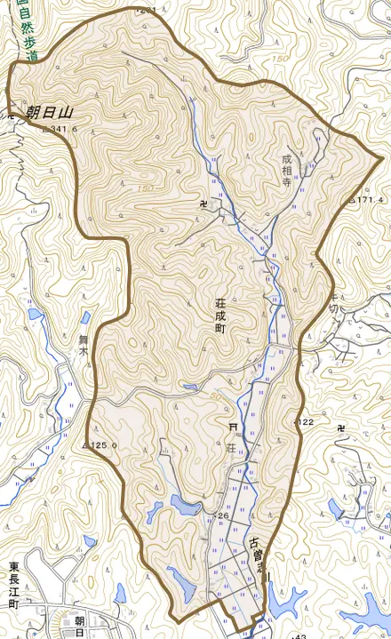 荘成町とその周辺の地図。町の範囲を重ねている