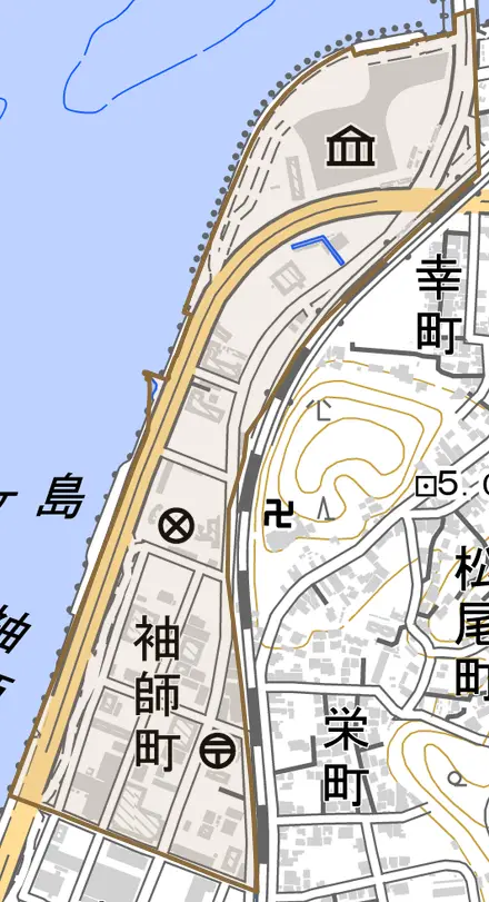 袖師町とその周辺の地図。町の範囲を重ねている