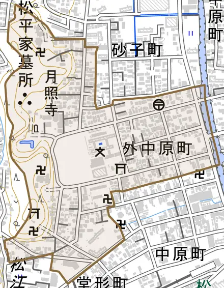 外中原町とその周辺の地図。町の範囲を重ねている