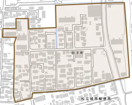 砂子町とその周辺の地図。町の範囲を重ねている