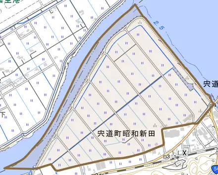 宍道町昭和新田とその周辺の地図。町の範囲を重ねている