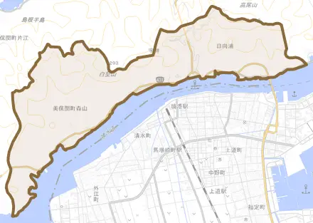 美保関町森山とその周辺の地図。町の範囲を重ねている