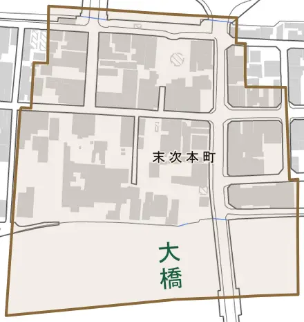 末次本町とその周辺の地図。町の範囲を重ねている