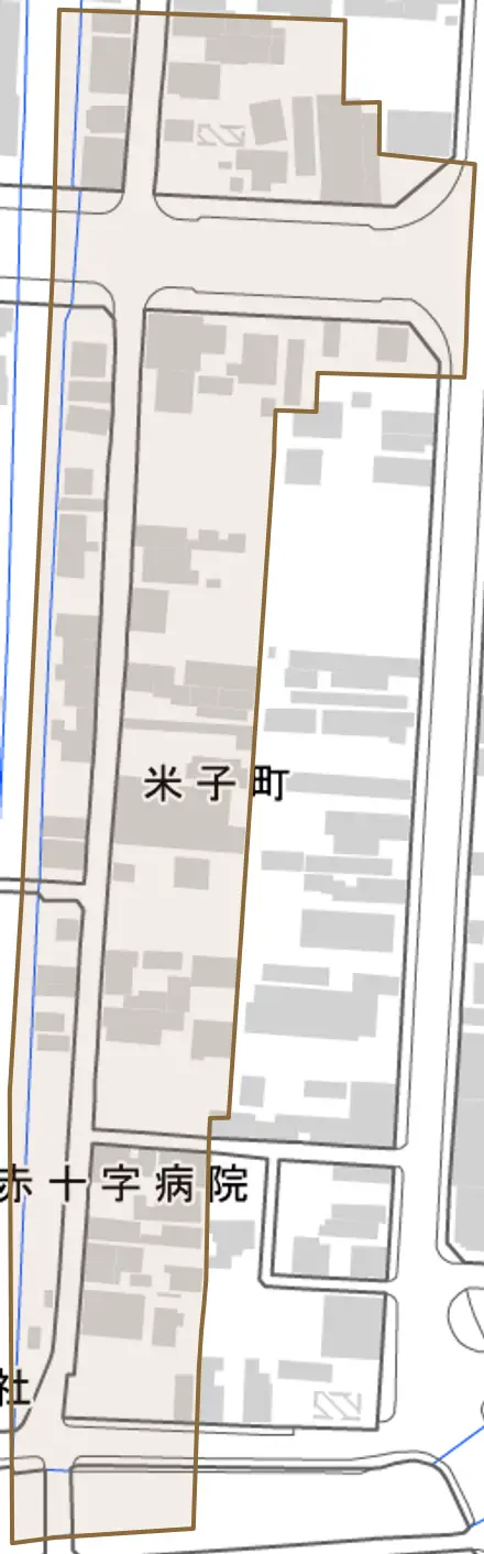 米子町とその周辺の地図。町の範囲を重ねている