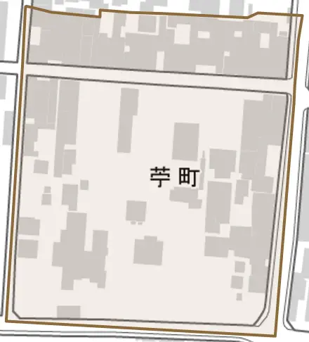 苧町とその周辺の地図。町の範囲を重ねている