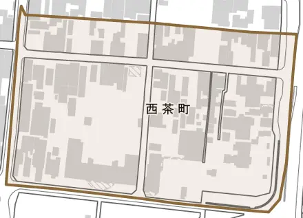 西茶町とその周辺の地図。町の範囲を重ねている