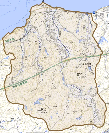 玉湯町林とその周辺の地図。町の範囲を重ねている