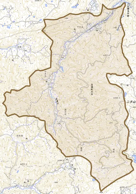 玉湯町大谷とその周辺の地図。町の範囲を重ねている