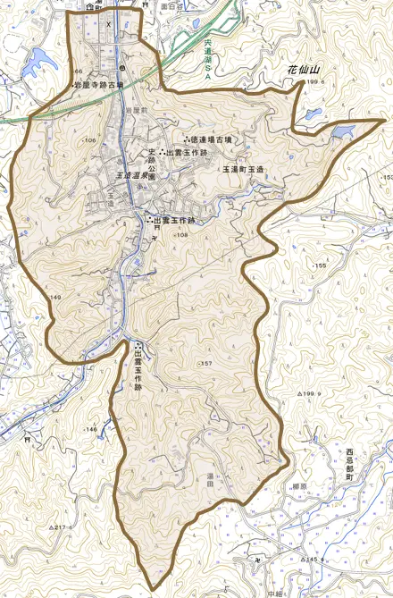 玉湯町玉造とその周辺の地図。町の範囲を重ねている