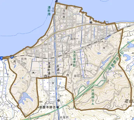玉湯町湯町とその周辺の地図。町の範囲を重ねている