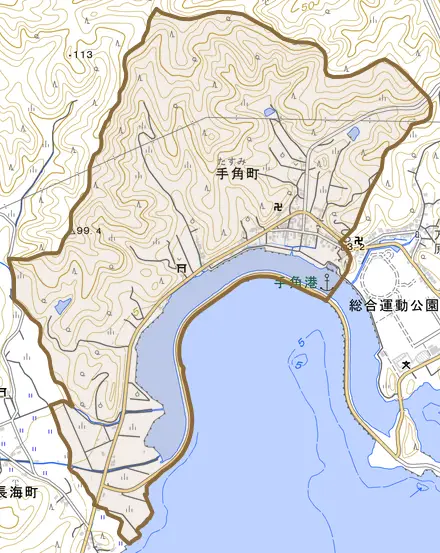 手角町とその周辺の地図。町の範囲を重ねている