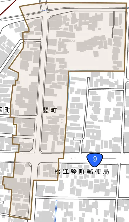 竪町とその周辺の地図。町の範囲を重ねている