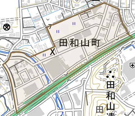 田和山町とその周辺の地図。町の範囲を重ねている
