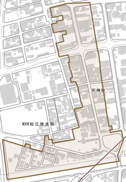 天神町とその周辺の地図。町の範囲を重ねている