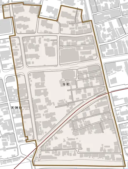 寺町とその周辺の地図。町の範囲を重ねている