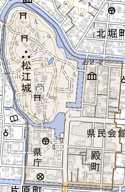 殿町とその周辺の地図。町の範囲を重ねている