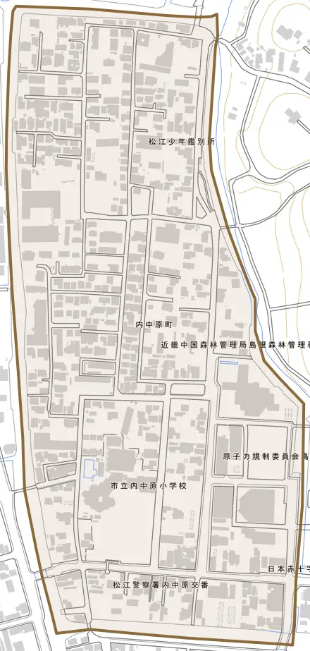 内中原町とその周辺の地図。町の範囲を重ねている