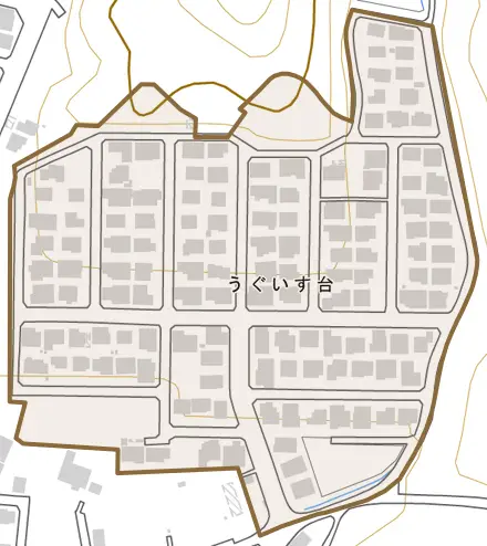 うぐいす台とその周辺の地図。町の範囲を重ねている