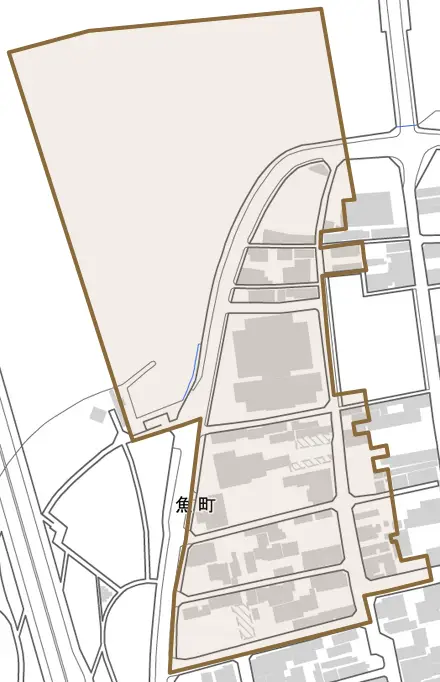 魚町とその周辺の地図。町の範囲を重ねている