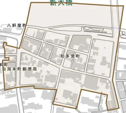 和多見町とその周辺の地図。町の範囲を重ねている