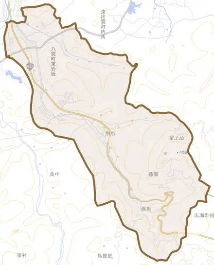 八雲町東岩坂とその周辺の地図。町の範囲を重ねている