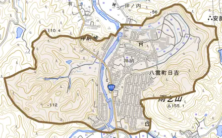 八雲町日吉とその周辺の地図。町の範囲を重ねている